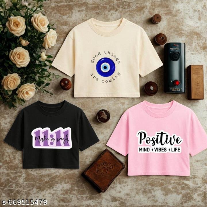 Women Printed Cotton Crop Top Combo | Trendy Half Sleeve Round Neck T-Shirt (Pack of 3)